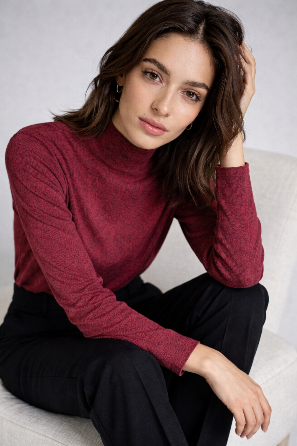 WINE Textured Mock Neck Top